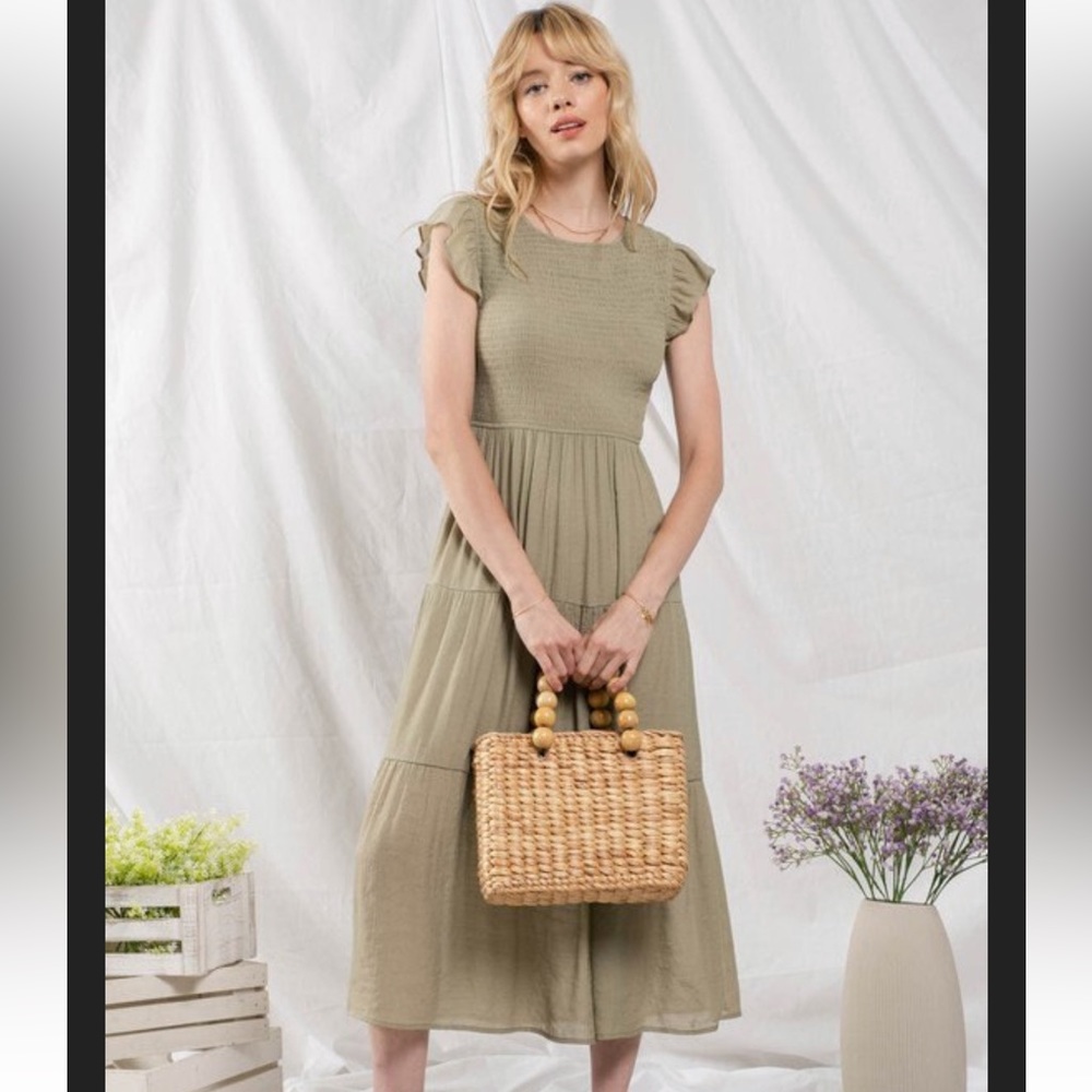 SMOCKED TIERED MIDI DRESS - Picture 2 of 4